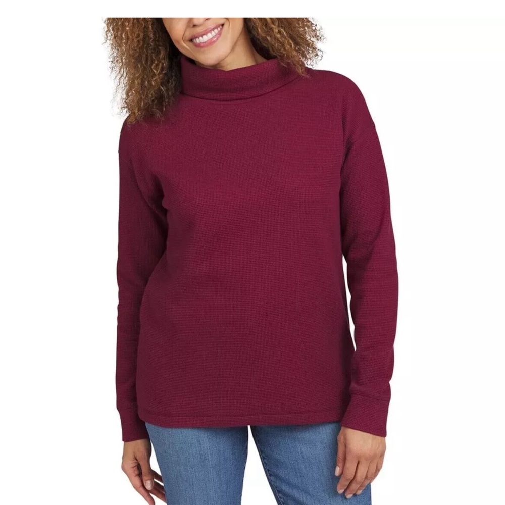 Lands' End Women's Long-Sleeve Waffle Funnel Neck Top, Red, Size  L